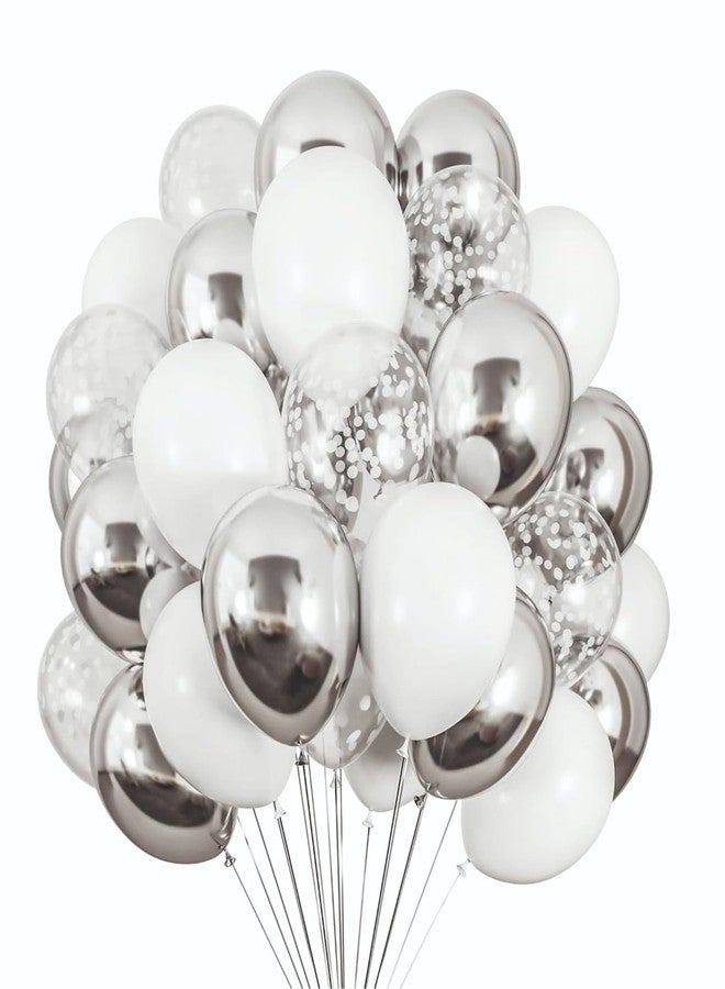 YOURS DECOR مجموعة بالونات حفلات أعياد الميلاد من يورز ديكور، فضية وبيضاء مع بالونات قصاصات ورقية، عبوة من 52 بالونًا، مناسبة للاحتفال بالذكرى السنوية، وحفلات الزفاف، وحفلات استقبال المولود، وتزيين الحفلات والمناسبات الخاصة. - Image 1